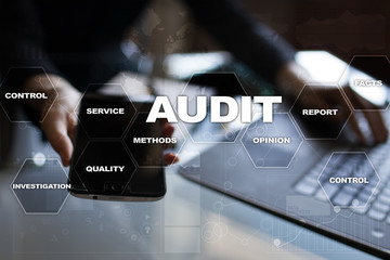 Audit business concept. Auditor. Compliance. Virtual screen technology.