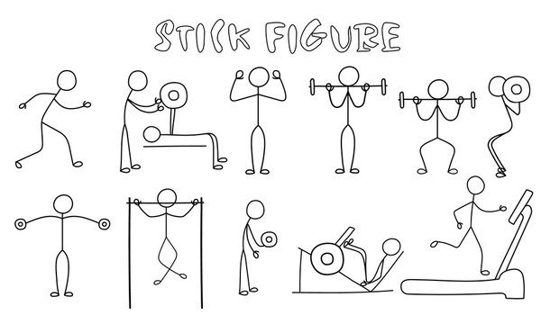 Set of stick figure sportsmans. Simple drawing fitness man pictures.Sport vector illustration