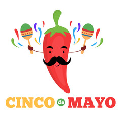 Red chilli character with maracas cinco de mayo banner