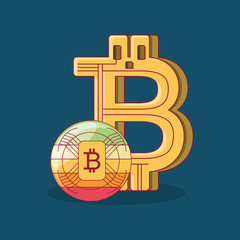 bitcoin symbol and cryptocoin over blue background, colorful design. vector illustration