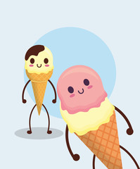 kawaii ice cream cones over blue background, colorful design. vector illustration