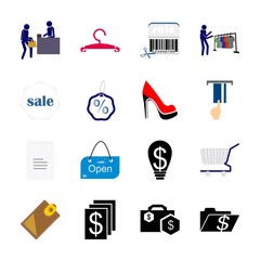 icon Shopping Tools with barcode, boutique, resturant, clothes hanger and business money