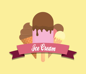 decorative ribbon and frame with ice creams icon over yellow background, colorful design. vector illustration