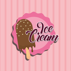seal stamp with chocolate ice cream bar icon over striped pink background, colorful design. vector illustration