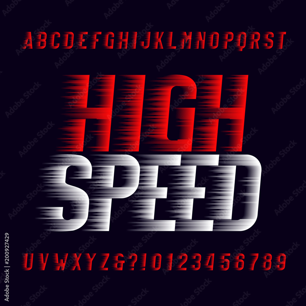 Poster high speed alphabet font. wind effect type letters and numbers on dark background. stock vector type
