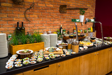 buffet table for breakfast in the hotel cafe