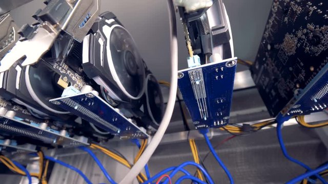 Underside view of a row of videocards mining bitcoin