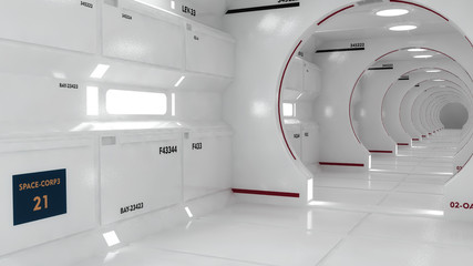 3D render. Futuristic spaceship interior corridor © Miguel Aguirre