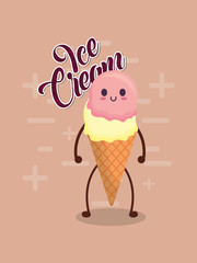 kawaii ice cream cone icon over brown background, colorful design. vector illustration