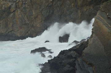 Brave Waves Breaking Against The Rocks Where The Hermitage Of San Juan De Gaztelugatxe Is Located Here Game Of Thrones Filmed. Nature Landscapes. March 24, 2018. Vizcaya, Basque Country. Spain.