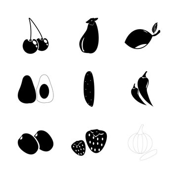icon Fruits And Vegetables with trepang, pumpkin, vegetable, cocuber and lemon leave