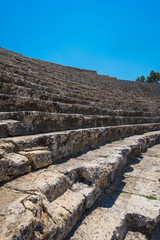Fototapeta na wymiar Roman amphitheatre in the ruins of Hierapolis, in Pamukkale, near modern turkey city Denizli, Turkey.