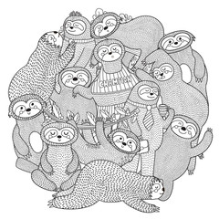Funny sloths circle shape pattern for coloring book. Vector illustration