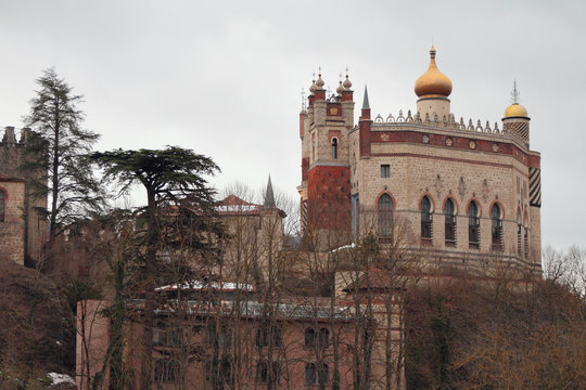 Towers of Rocchetta Mattei castle. Riola, Bologna, Emilia-Romagna, Italy