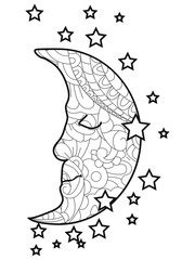 Adult antistress coloring moon and stars pattern, astrakhan. Illustration of black lines doodle, white background