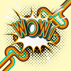 WOW - retro lettering with shadows, halftone pattern on retro poster  background. Vector bright illustration in vintage pop art style. 