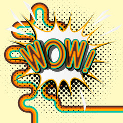 WOW - retro lettering with shadows, halftone pattern on retro poster  background. Vector bright illustration in vintage pop art style. 