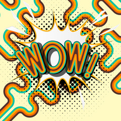 WOW - retro lettering with shadows, halftone pattern on retro poster  background. Vector bright illustration in vintage pop art style. 