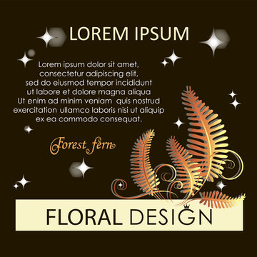 Golden fern. Flowering forest fern at night. Poster, label, blooming fern with place for text. The image can be used in perfumes, florists.     