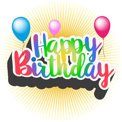 colorful words happy birthday with balloons and rays of sunlight in background
