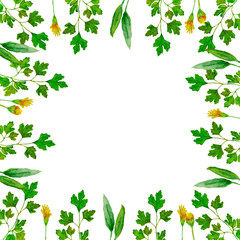 Naklejka premium watercolor illustration of green branches and yellow flowers in a square frame