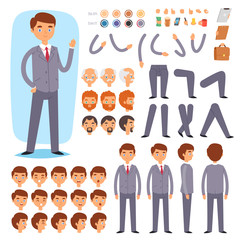 Businessman constructor vector creation of male character with manlike head and face emotions illustration set of mans body with hands legs isolated on white background