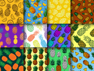Pineapple seamless pattern vector ananas or tropical fresh fruit textured backdrop and sweet exotic dessert in tropics background set fruity illustration of summer wallpaper