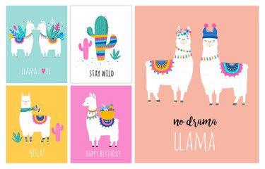 Llama and alpaca collection of cute hand drawn illustrations, cards and design for nursery design