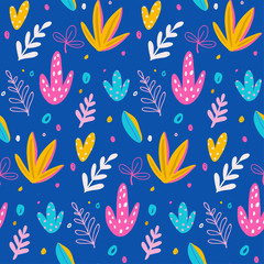 Seamless pattern, cacti, palm leavs, jungle flowers