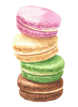 Hand drawn watercolor pile of colorful macaron french cakes, isolated on white background. Delicious food illustration.