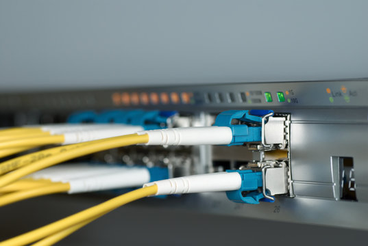 Optical cables connected with switch - macro photo with shallow depth of field.