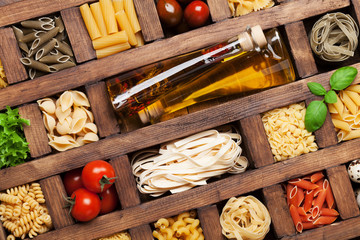 Various pasta in wooden box