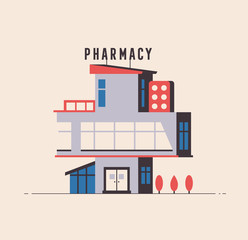 Pharmacy drugstore flat design. Vector illustration. Outdoor facade.