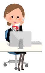 制服の女性　PCと電話