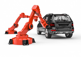 Obraz premium Automotive robots in a factory line / 3D render image representing a factory line with automotive robots and cars