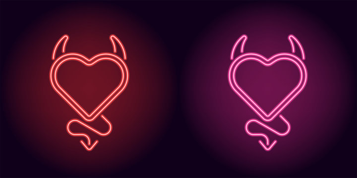 Neon devil heart in red and pink color