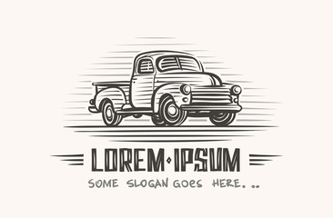 Retro vintage pickup truck illustration. Text outlined, only for preview. Layered. Vector.  © yuromanovich