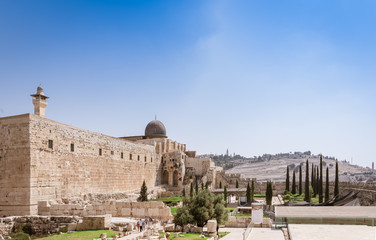 Fototapeta premium Jerusalem old city. Temple mount, Al aqsa mosque and Olive mount are christian muslim and jewish holy places.
