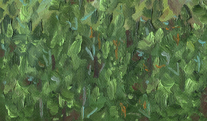 Oil Painting on canvas. Rough texture of large brush strokes. Abstract texture of Pine forest in the mountains on a sunny summer day.