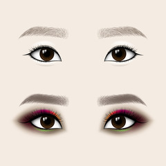 Beautiful Asian Woman Eyes and Brows. Before and after make-up. Vector illustration.