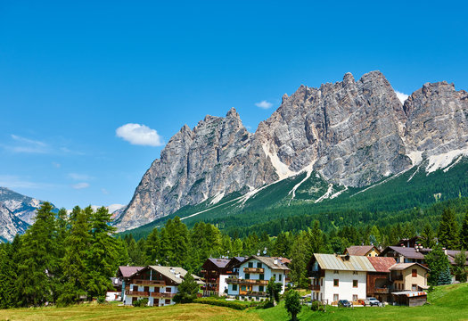 Cortina D'Ampezzo with Pomagagnon mount at Dolomites in Italy, South Tyrol.