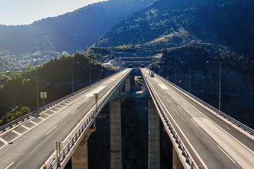 Aerial view on highway in the Metsovo. Metsovitikos Bridge. Epirus, mountains of Pindus in northern Greece