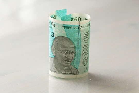 A new banknote of India with a denomination of 50 rupees. Indian currency. Portrait of Mahatma Gandhi