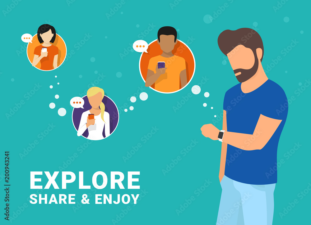 Poster man using his smart intelligence watch and sending messages to friends via messenger app. flat illus