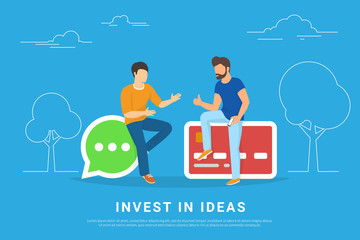 Invest in ideas concept vector illustration of two young men talking about new business idea. Flat people sitting on speech bubble and credit card symbols. Business header for startup or project