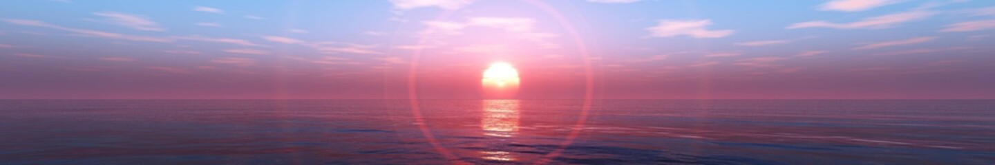 Fototapeta na wymiar panorama of sea sunset, sea sunrise, light above water, seascape with sun and water, 3D rendering 