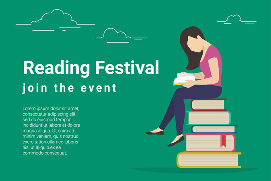 Reading festival concept vector illustration of young woman sitting in many books and reading interesting book. Flat design for libraries, education and exam preparing