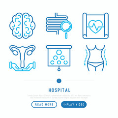Hospital thin line icons set for doctor's notation: neurologist, gastroenterologist, manual therapy, ophtalmologist, cardiology, allergist, dermatologist. Vector illustration.