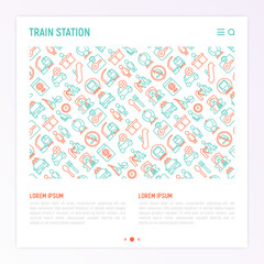 Fototapeta na wymiar Train station concept with thin line icons: information, ticket office, toilet, taxi, metro, waiting room, luggage storage, turnstile, food court, no smoking, bicycles rent. Modern vector illustration