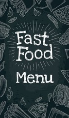 Vertical poster fast food menu. Vector white engraving on black